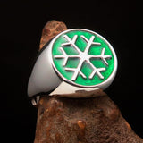 Excellent crafted Men's Winter Ring green Snowflake - Sterling Silver - BikeRing4u