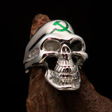 Excellent crafted Men's Communist Skull Ring green Hammer Sickle - Sterling Silver - BikeRing4u