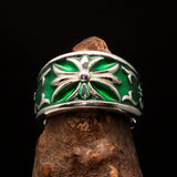 Nicely crafted domed Men's Fleur de Lis Ring Green - Sterling Silver - BikeRing4u