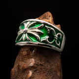 Nicely crafted domed Men's Fleur de Lis Ring Green - Sterling Silver - BikeRing4u