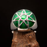 Nicely crafted domed Men's Heptagram Ring green Heptagon - Sterling Silver - BikeRing4u