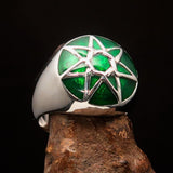 Nicely crafted domed Men's Heptagram Ring green Heptagon - Sterling Silver - BikeRing4u