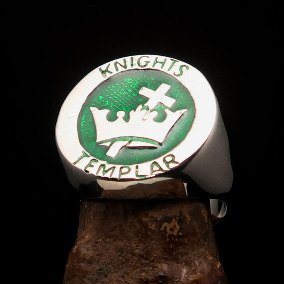 Excellent crafted Men's green Knights Templar Ring - Sterling Silver - BikeRing4u