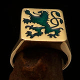 Perfectly crafted Men's Rampant Lion Ring Green - Solid Brass - BikeRing4u