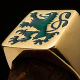 Perfectly crafted Men's Rampant Lion Ring Green - Solid Brass - BikeRing4u