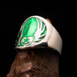 Excellent crafted Men's Claddagh Ring green winged heart Star Moon - Sterling Silver - BikeRing4u