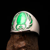 Excellent crafted Men's Claddagh Ring green winged heart Star Moon - Sterling Silver - BikeRing4u