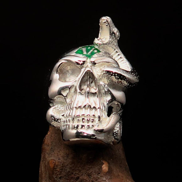Excellent crafted Men's green 1% Snake Skull Outlaw Ring - Sterling Silver - BikeRing4u