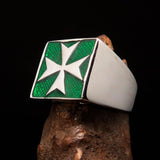 Perfectly crafted Men's Biker Ring Maltese Cross Green - Sterling Silver - BikeRing4u