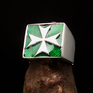 Perfectly crafted Men's Biker Ring Maltese Cross Green - Sterling Silver - BikeRing4u