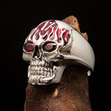 Excellent crafted Men's 1% Flaming Skull Outlaw Ring red CZ Eyes Enamel - Sterling Silver - BikeRing4u