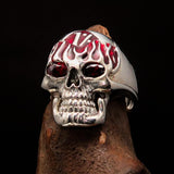 Excellent crafted Men's 1% Flaming Skull Outlaw Ring red CZ Eyes Enamel - Sterling Silver - BikeRing4u