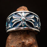 Nicely crafted domed Men's Fleur de Lis Ring Blue - Sterling Silver - BikeRing4u