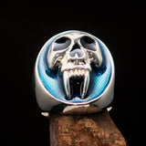 Excellent crafted oval Men's Blue Vampire Skull Ring - Sterling Silver - BikeRing4u