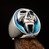 Excellent crafted oval Men's Blue Vampire Skull Ring - Sterling Silver - BikeRing4u
