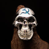 Excellent crafted Men's Communist Skull Ring Blue Hammer Sickle - Sterling Silver - BikeRing4u