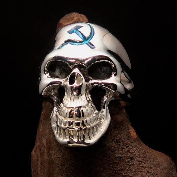 Excellent crafted Men's Communist Skull Ring Blue Hammer Sickle - Sterling Silver - BikeRing4u