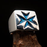 Nicely crafted Men's Knight Ring blue Maltese Cross - Sterling Silver - BikeRing4u