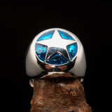 Excellent crafted Men's US Marshall Ring Blue Star - Sterling Silver - BikeRing4u