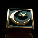 Perfectly crafted Men's Ring Crescent Moon and Star Green - Solid Brass - BikeRing4u