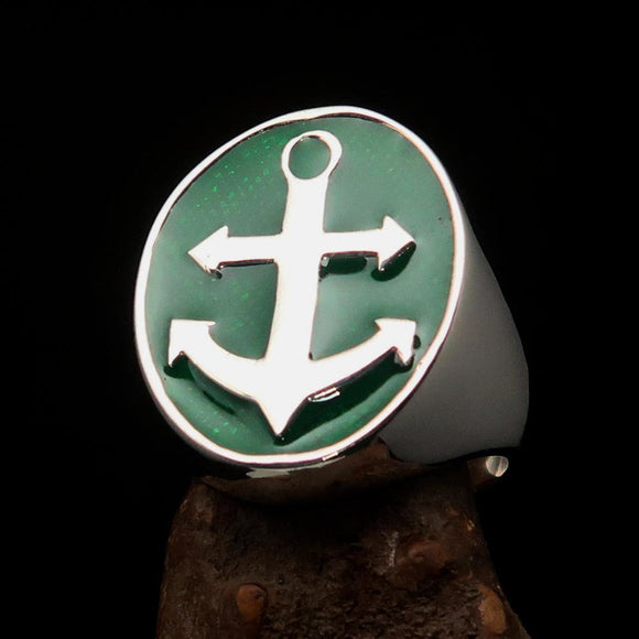 Perfectly crafted Men's Sailor Ring Big Anchor green - Sterling Silver - BikeRing4u