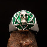 Excellent crafted domed Men's green Hexagram Skull Ring - Sterling Silver - BikeRing4u