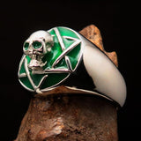 Excellent crafted domed Men's green Hexagram Skull Ring - Sterling Silver - BikeRing4u