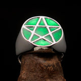 Perfectly crafted Men's Solid Line Pentagram Ring green - Sterling Silver - BikeRing4u