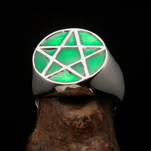 Perfectly crafted Men's Solid Line Pentagram Ring green - Sterling Silver - BikeRing4u