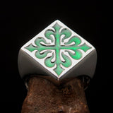 Excellent crafted Men's Green Fleur de Lis Cross Ring - Sterling Silver - BikeRing4u