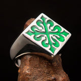 Excellent crafted Men's Green Fleur de Lis Cross Ring - Sterling Silver - BikeRing4u
