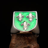 Excellent crafted Men's green Fleur de Lis Coat of Arms Ring - Sterling Silver - BikeRing4u