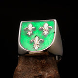 Excellent crafted Men's green Fleur de Lis Coat of Arms Ring - Sterling Silver - BikeRing4u