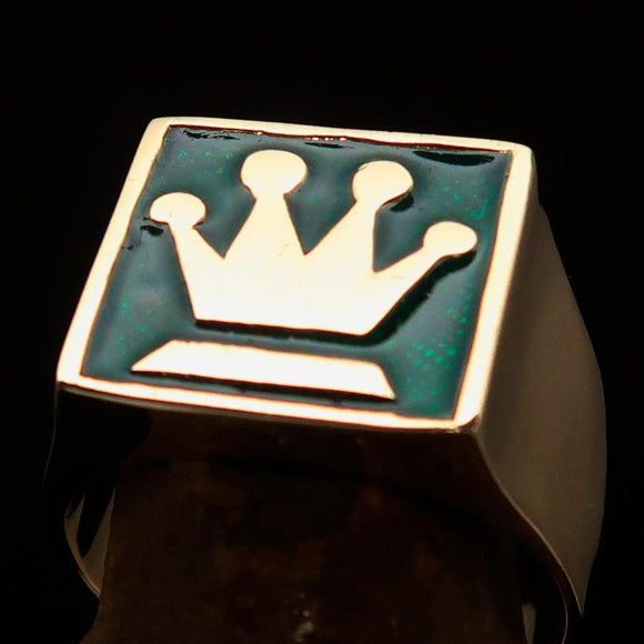 Perfectly crafted Men's Chess Player Ring Queen's Crown Green - Solid Brass - BikeRing4u