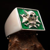 Excellent crafted Men's Pirate Skull Ring green Maltese Cross - Sterling Silver - BikeRing4u