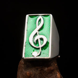 Excellent crafted Men's Musician Ring Treble Clef Symbol Green - Sterling Silver - BikeRing4u