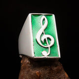 Excellent crafted Men's Musician Ring Treble Clef Symbol Green - Sterling Silver - BikeRing4u