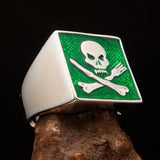 Perfectly crafted Men's Chef Skull Ring Crossed Fork Knife Green - Sterling Silver - BikeRing4u