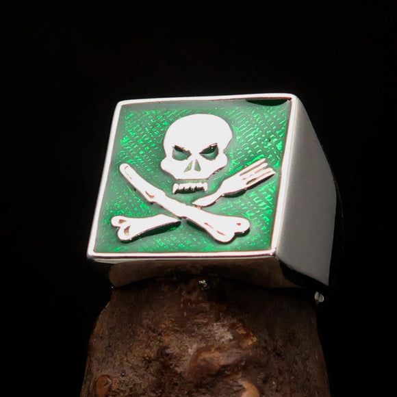 Perfectly crafted Men's Chef Skull Ring Crossed Fork Knife Green - Sterling Silver - BikeRing4u