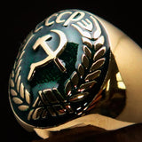 Perfectly crafted Men's Communist Ring Hammer Sickle Crest CCCP Green - Solid Brass - BikeRing4u