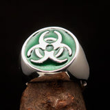 Nicely crafted Men's Biohazard Ring green Toxic Waste Symbol - Sterling Silver - BikeRing4u