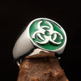 Nicely crafted Men's Biohazard Ring green Toxic Waste Symbol - Sterling Silver - BikeRing4u