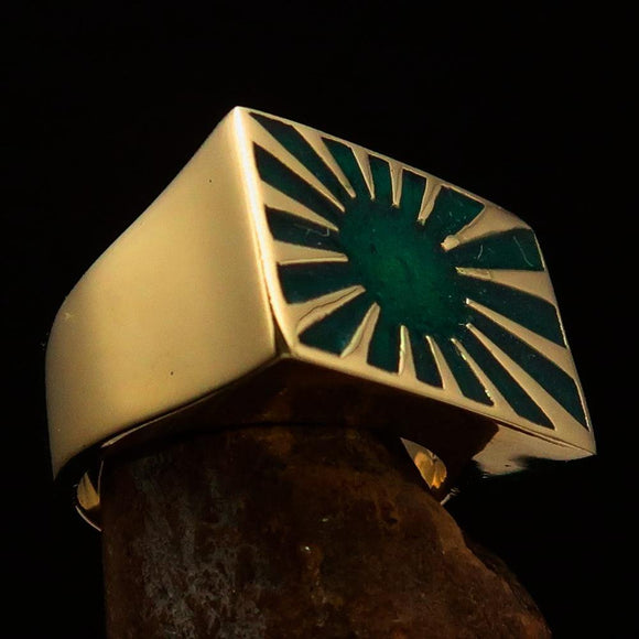 Perfectly crafted Men's Japanese War Flag Ring Green Raising Sun - Solid Brass - BikeRing4u