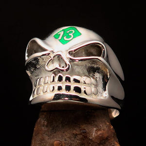 Excellent Crafted Men's green Number 13 Gnome Skull Ring - Sterling Silver - BikeRing4u