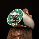 Excellent crafted Men's Biker Ring Green Hebrew Skull - Sterling Silver 925 - BikeRing4u