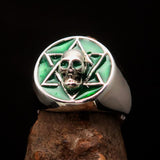Excellent crafted Men's Biker Ring Green Hebrew Skull - Sterling Silver 925 - BikeRing4u