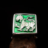Perfectly crafted Men's green Sinhalese Lion Ring - Sterling Silver - BikeRing4u