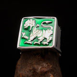 Perfectly crafted Men's green Sinhalese Lion Ring - Sterling Silver - BikeRing4u