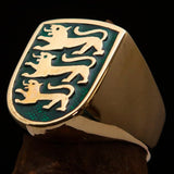 Perfectly crafted Men's Shield Ring 3 Green Lions Coat of Arms - Solid Brass - BikeRing4u