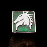 Excellent crafted Men's Chess Ring Horse Head green - Sterling Silver - BikeRing4u